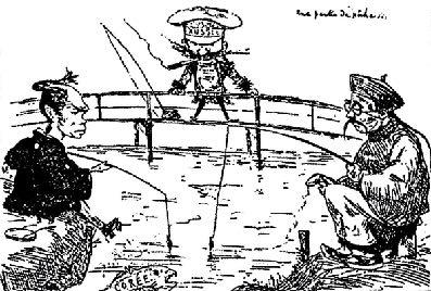 Karikatur zur Situation Koreas zwischen den Großmächten Japan, Russland und China gegen Ende des 19. Jahrhunderts. Von Georges Bigot (1887) in Tôbaé