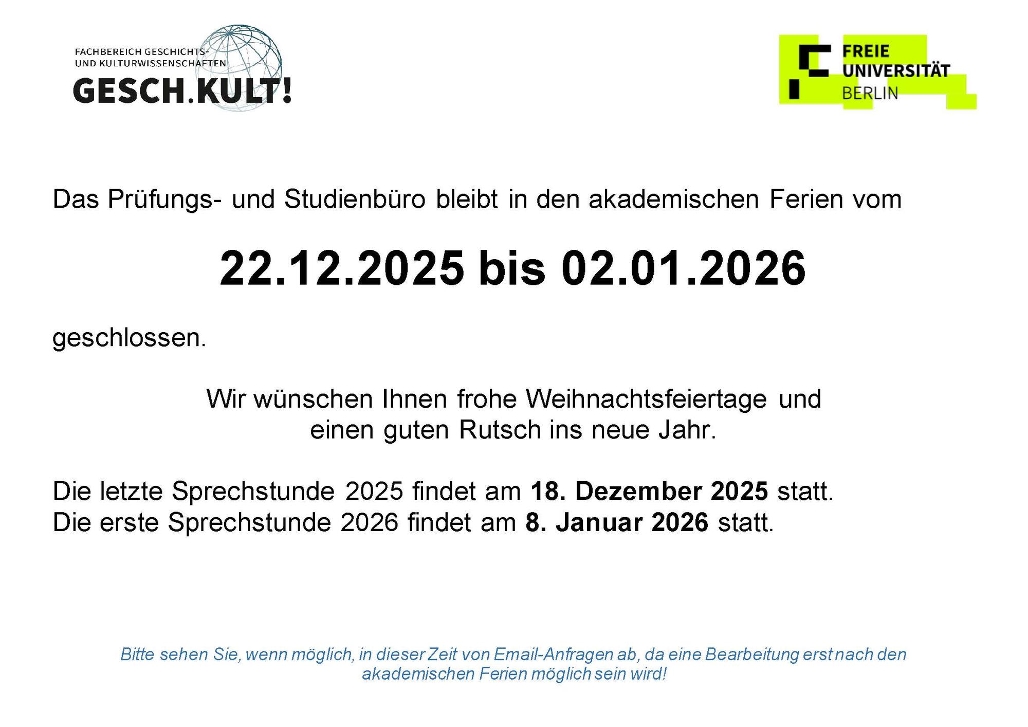 Schließung Prüfungs-Studienbüro akad. Ferien