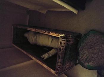 Nachgebauter Sarg der Idy mit Mumie und Katzenmumie. Davor ein Sandbehältnis, in dem Gäste auf die Suche nach Schätzen gehen konnten.