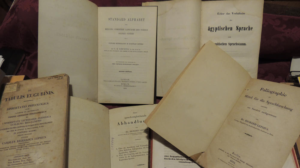 Frühe Publikationen Richard Lepsius', Wilhelm von Humboldt über "vier löwenköpfige Bildsäulen in den hiesigen klg. Sammlungen", Theodor Benfey zum ägyptisch-semitischen Sprachvergleich.