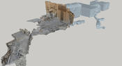 Rekonstruktion von Grab I in Assiut mit Aufweg, den ursprünglich 70 m tief aus dem Fels gehauenen und bis zu 11 m hohen Hallen und Korridoren sowie dem unterirdischen 28 m in die Tiefe gehenden Schachtsystem