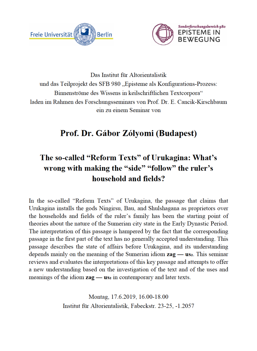 Prof. Dr. Gábor Zólyomi – "The so-called "Reform-Texts" of Urukagina"