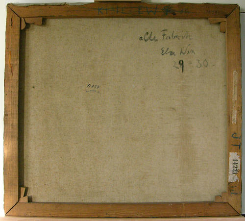 Abb. 1: Else Wex Cleemann, Alte Fabrik (Fabrikhof), 1929/30, Rostock, Kulturhistorisches Museum, Rückseite des Gemäldes mit aufgeklebter EK-Nummer 14221