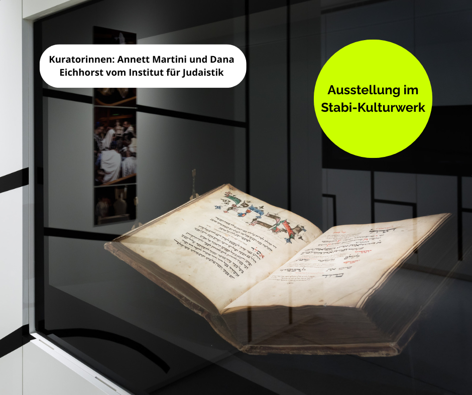 Blick in die Ausstellung „Materialisierte Heiligkeit. Jüdische Buchkunst im rituellen Kontext“ im Stabi Kulturwerk. © Stabi Berlin, Foto: Hagen Immel.