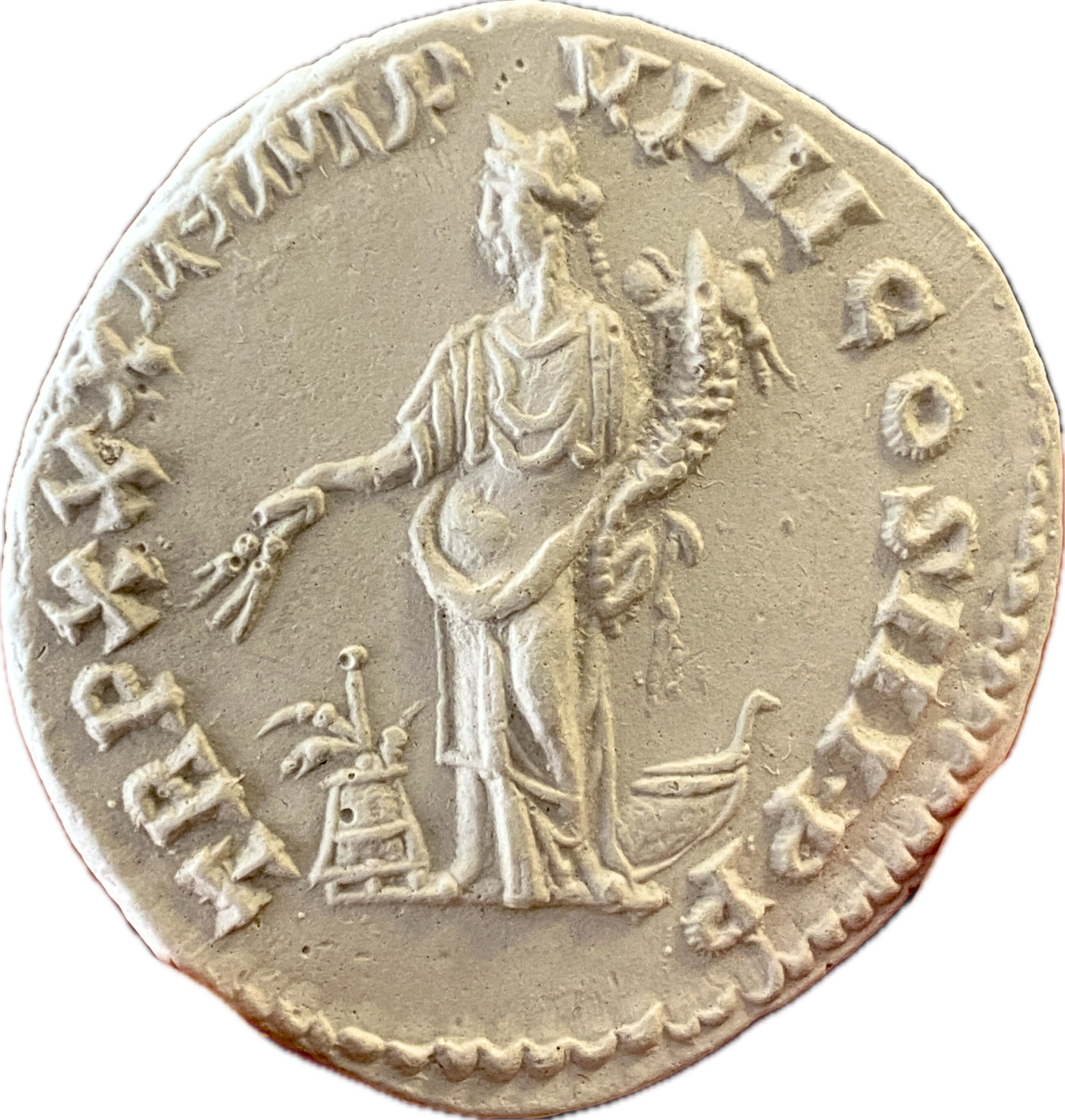 Abb. 2: Göttin mit Füllhorn, Kornähren und Schiffsbug als Garantin der Getreideversorgung Roms. Römische Münze des 2. Jhs. n. Chr. Abguss: Abguss-Sammlung Antiker Plastik der Freien Universität Berlin