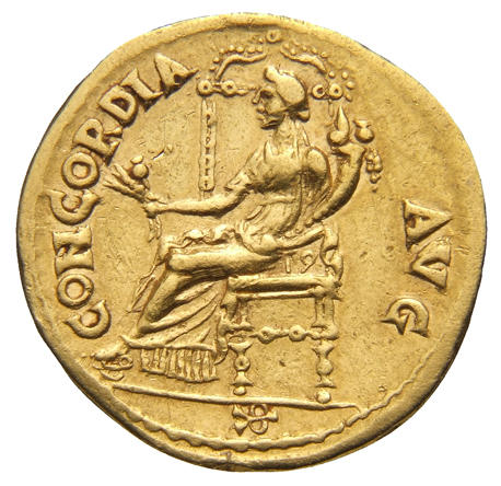 Abb. 3:Concordia (Göttin der Eintracht) mit Füllhorn und Ähren. Aureus des Vespasian, 70 n. Chr. Münzkabinett der Staatlichen Museen zu Berlin