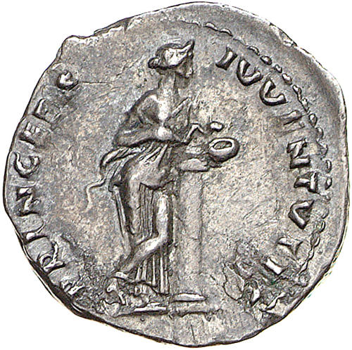 Salus (Göttin des Staatswohles) mit Schlange an eine Säule gelehnt. Denar des Domitian, noch unter Vespasian geprägt, 79 n. Chr. Münzkabinett der Staatlichen Museen zu Berlin