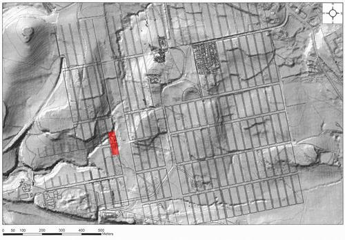 Fig. 03: Hypothetical reconstruction of the urban grid with indication of the area of the gymnasium