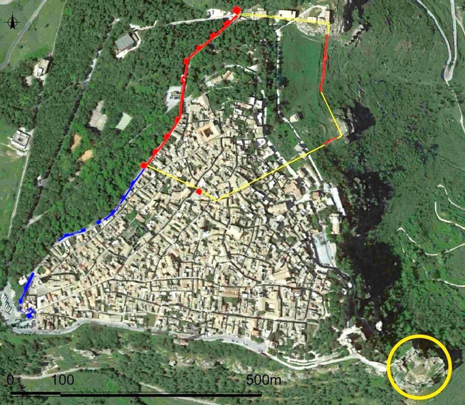 Fig. 2: Orthophoto of Erice. The extent of the ancient town and the Norman castle (yellow circle)