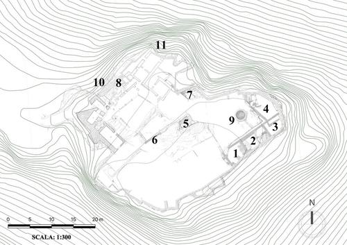Fig. 3: Plan of the castle and excavations according to Cultrera (1935)