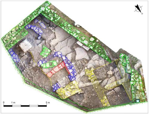 Fig. 5: Structures found in room δ. Archaic structures in blue and red, Roman structures in yellow, medieval structures in green