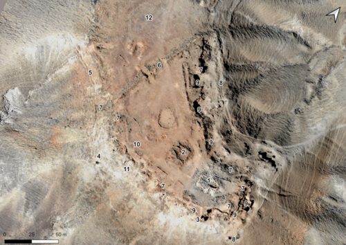 Fig.3 Aerial photograph of Mitzpe Shivta with main features (Source: Arne Schröder).