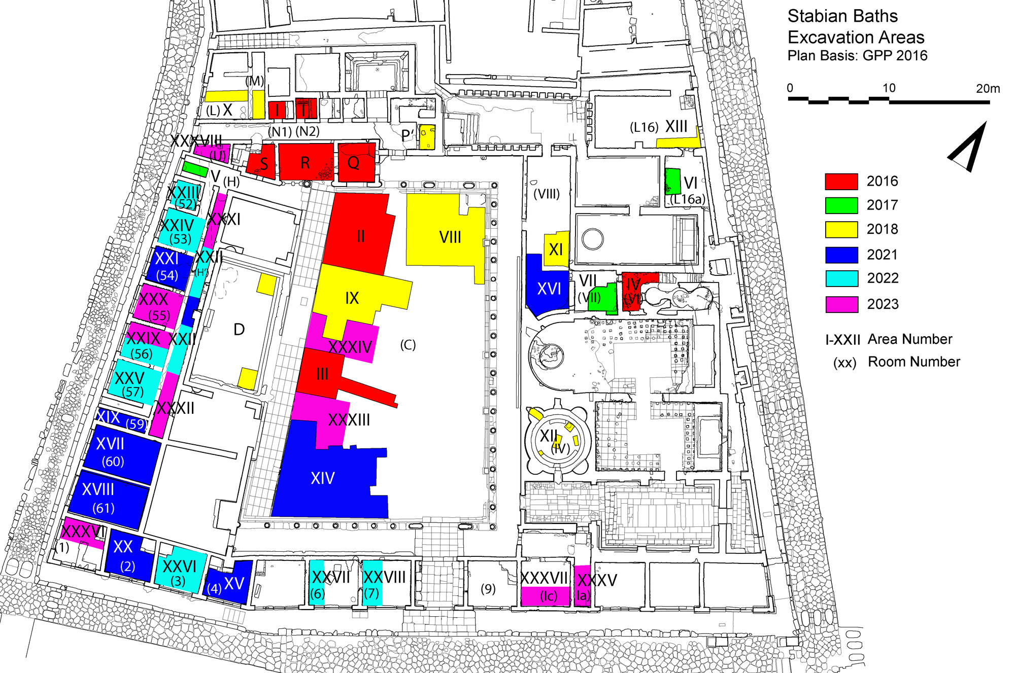 Fig. 2: Stabian Baths: location of trenches