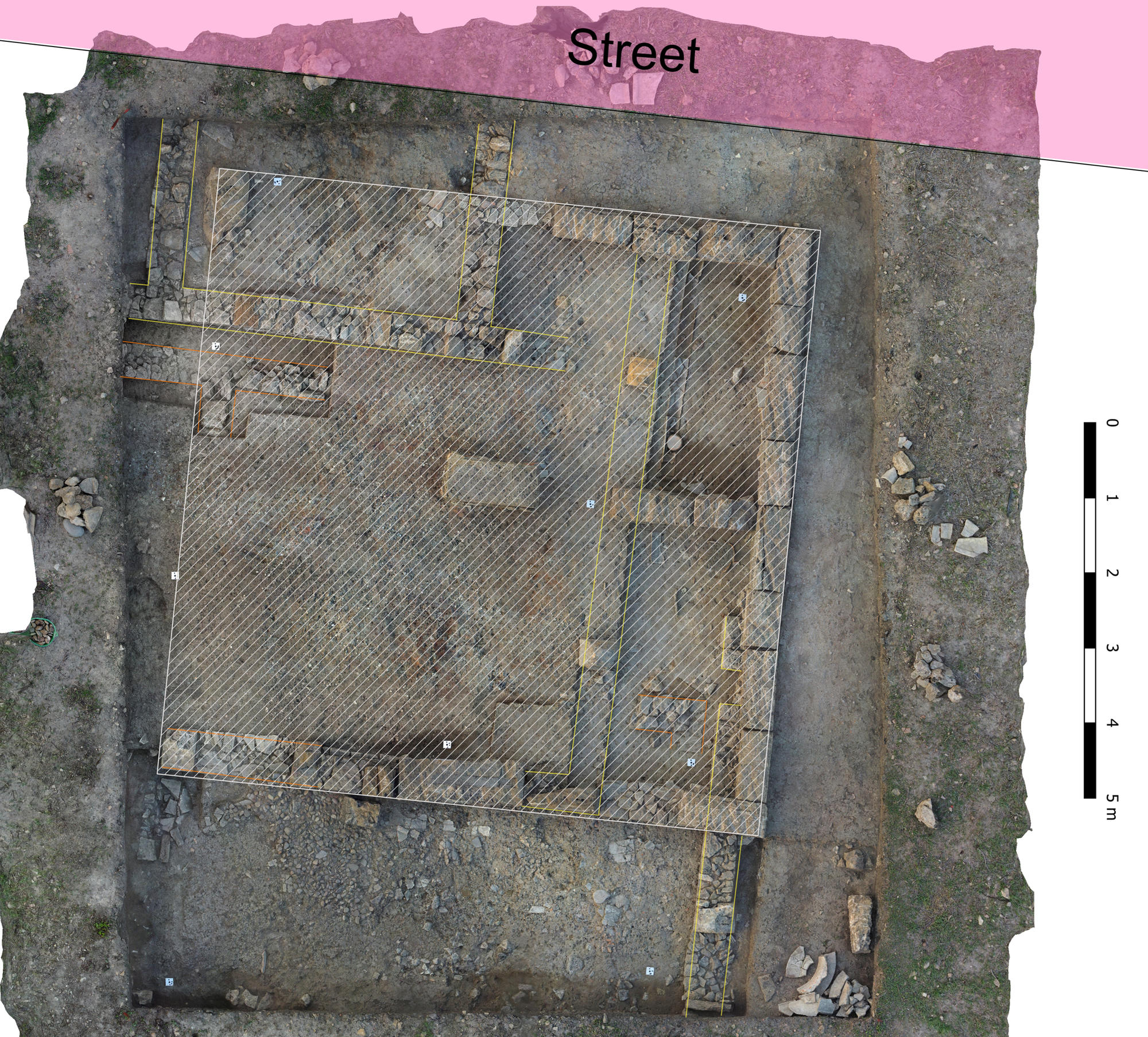 Fig. 7: Orthophoto showing the final stage of the excavation in October 2025. The hatched area shows the extension of the Hellenistic building.