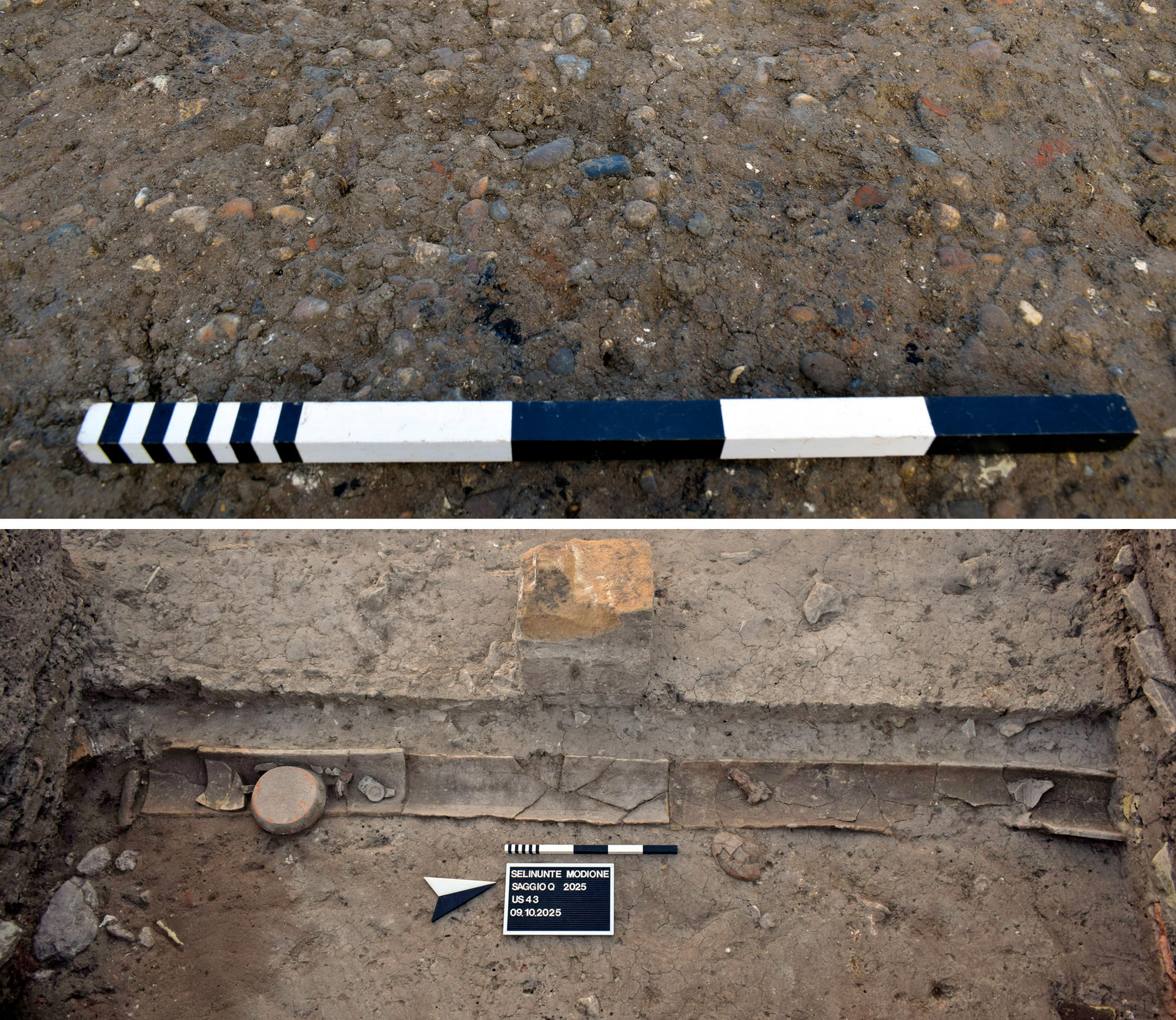 Fig. 8: Above: Close-up from the flooring of the courtyard. Below: Water channel in the eastern ambitus.