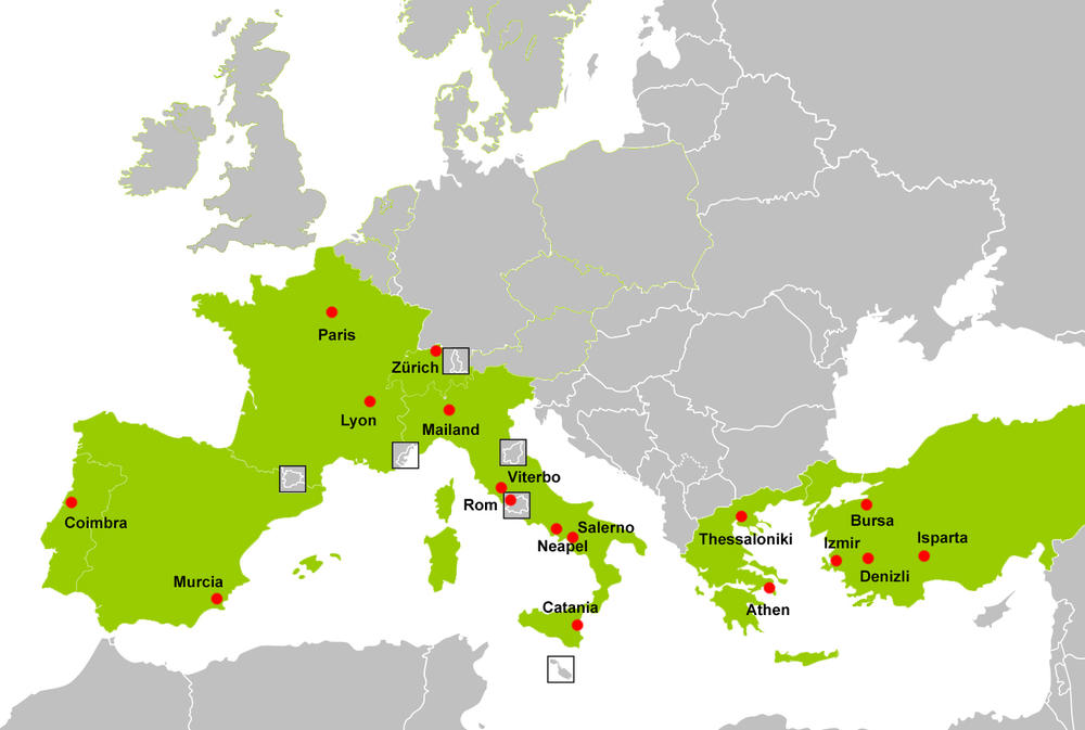 Partneruniversitäten der Klassischen Archäologie (hier fehlen Pécs, Ungarn und Bari, Italien)