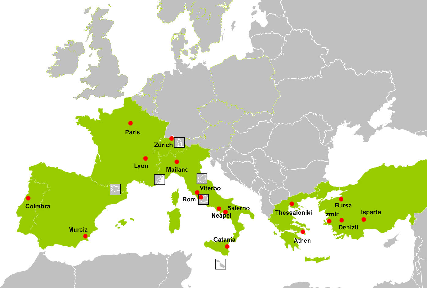 Partneruniversitäten der Klassischen Archäologie (hier fehlen Pécs, Ungarn und Bari, Italien)