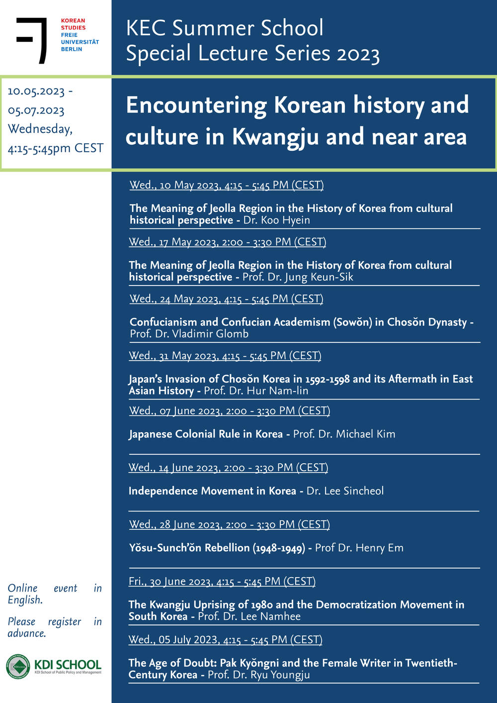 2023 Summer School Special Lecture Series - Encountering Korean history and culture in Kwangju and near area