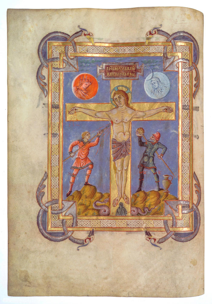 Kreuzigung mit Sol und Luna, aus dem Evangeliar Franz II., Sant-Amand-en-Pévèle, drittes Viertel 9. Jh., Paris, BN, Ms. lat. 257, fol. 12v
