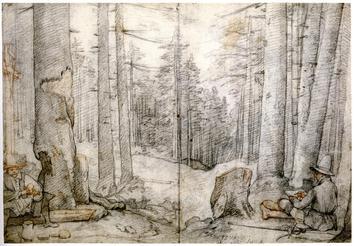 Federico Zuccari: Zeichner im Wald von Vallombrosa, 1576, Wien, Graphische Sammlung Albertina, Inv. Nr. 13329, 271 x 395 mm, Rötel und schwarze Kreide, Aufschrift: „1576 adi… agosto …“