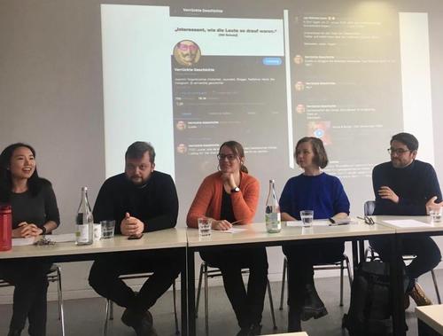 The panel: from left to right, Sophie-Jung Kim (chair), Florian Wittig, Melanie Huchler, Lucy Burns, and Joachim Telgenbüscher.