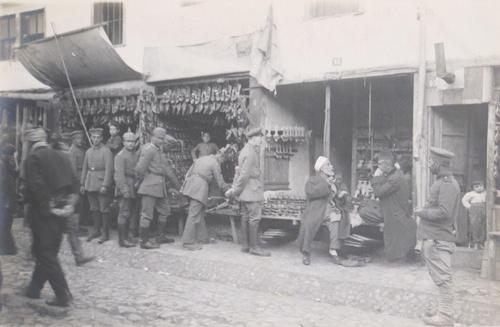 German soldiers in a bazaar in Serbia or Macedonia