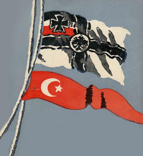 German and Turkish flags (detail from the book cover from W. Wath, Breslau-Midilli, Berlin [1917]), Photo: Oliver Stein