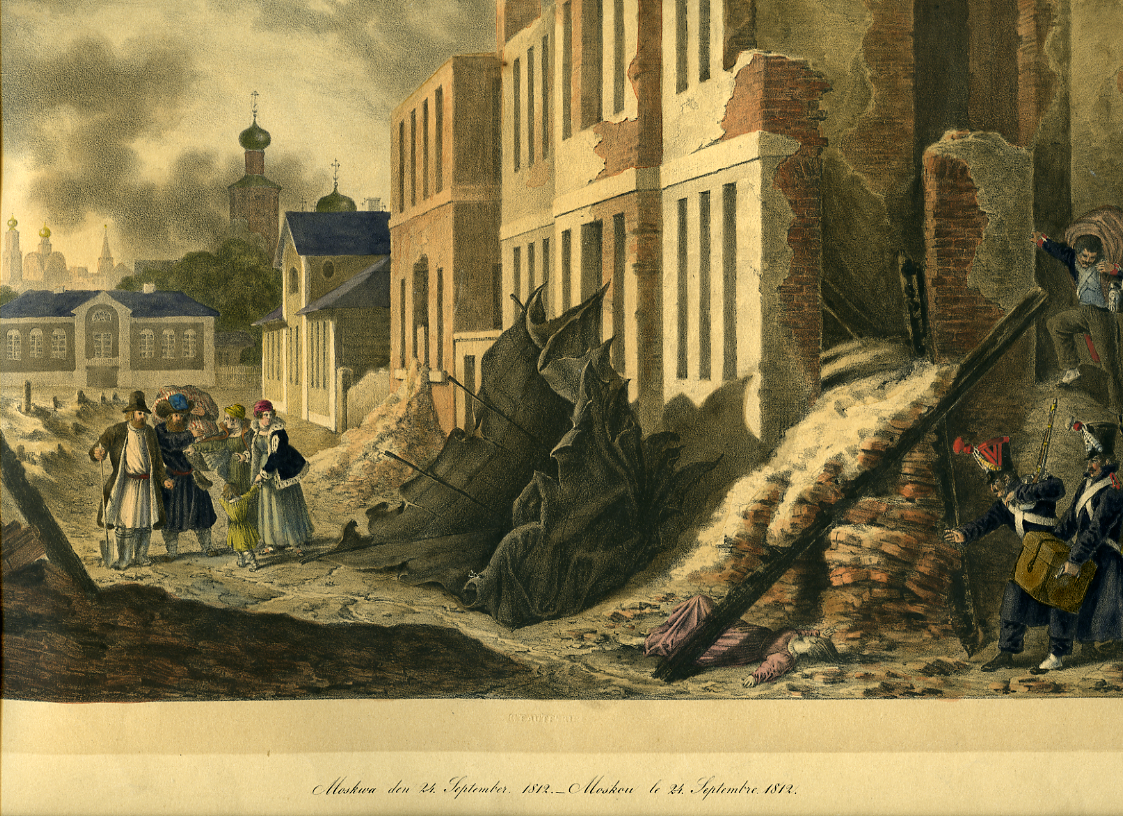 Christian Wilhelm von Faber du Faur (1780-1857), Russian citizens between rubble and soldiers from the 3rd French army corps during the looting in Moscow on September 24, 1812