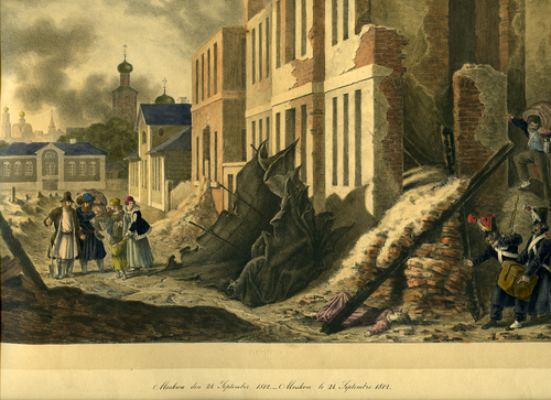 Christian Wilhelm von Faber du Faur (1780-1857), Russian citizens between rubble and soldiers from the 3rd French army corps during the looting in Moscow on September 24, 1812