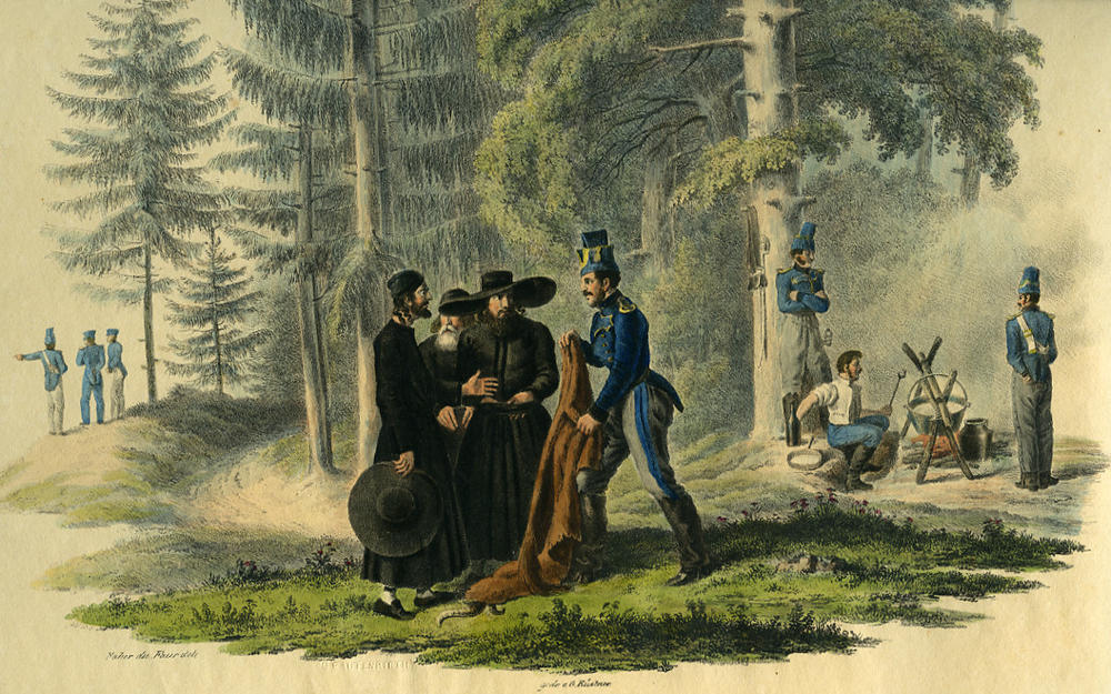 A soldier of the Württemberg foot artillery at the bivouac negotiates with Lithuanian jews