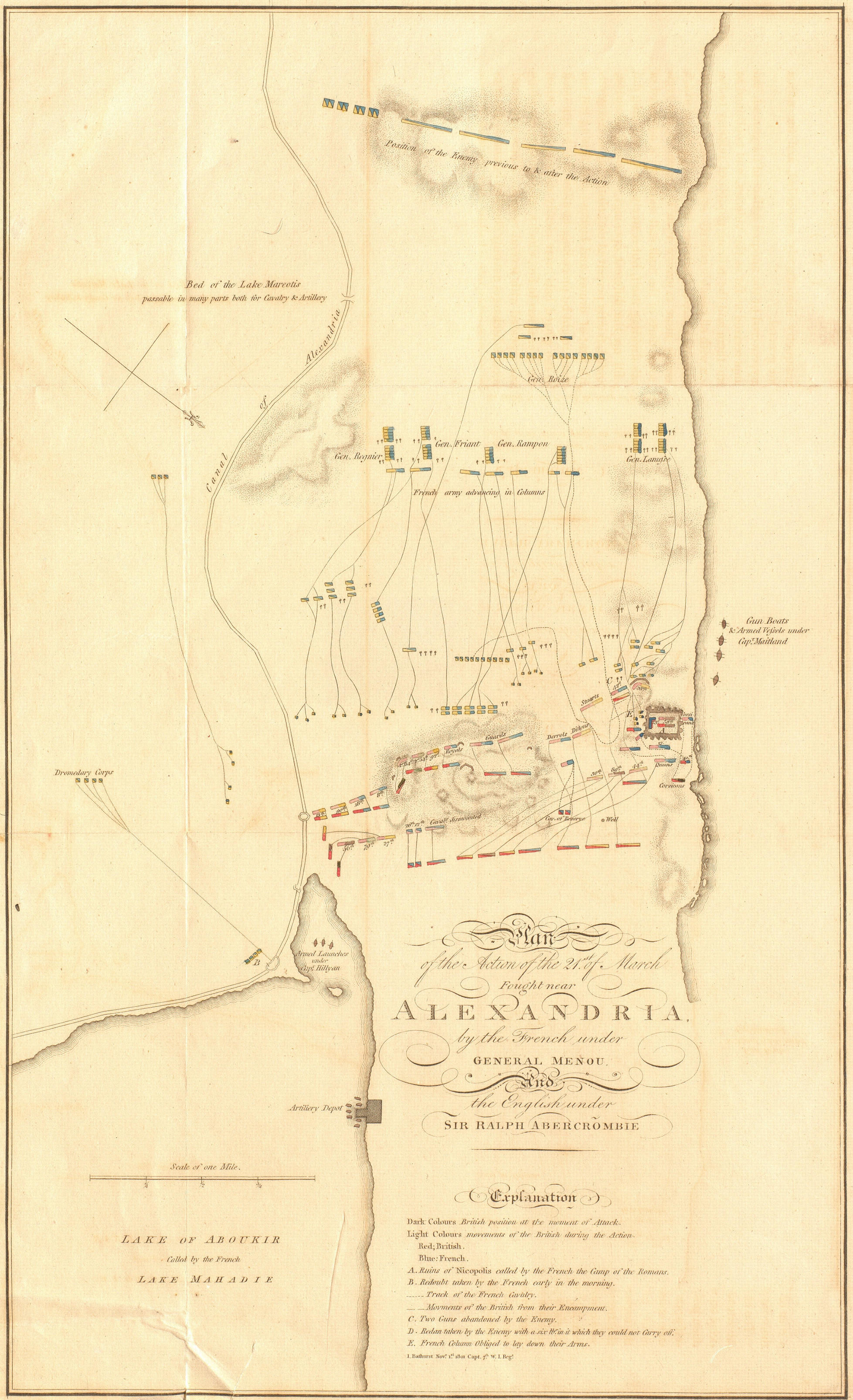Map of the action of 21 Mar, 1801. Fought near Alexandria by the French under Gen Menou and the English under Sir Ralph Abercromby.