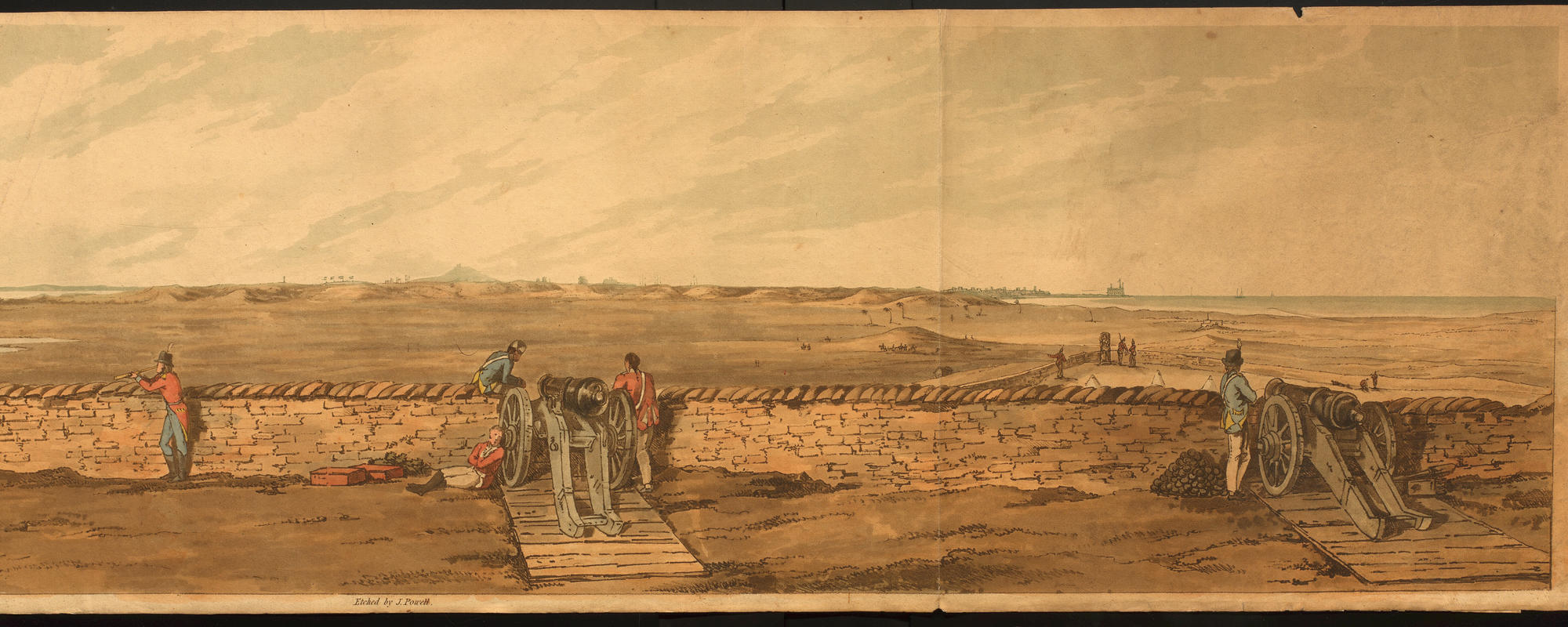 colored acquatint by J Powell after Capt Samuel Walker 3rd Guards, a panoramic view of Alexandria, Egypt (1801)