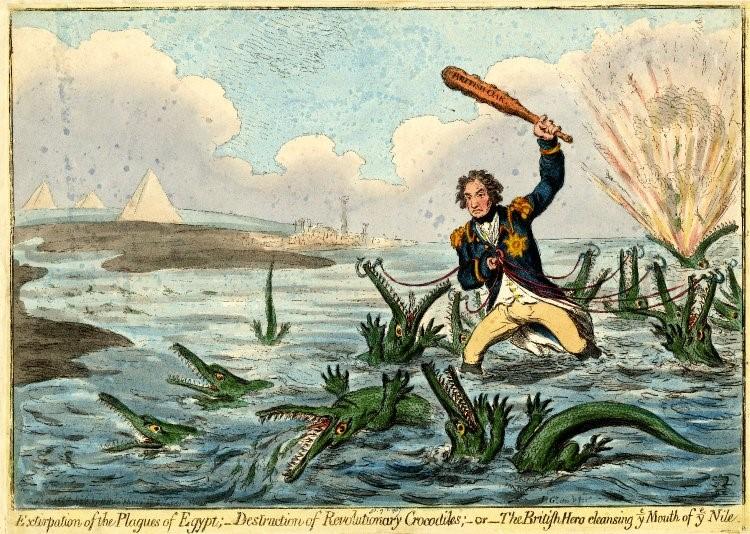 James Gillray, Extirpation of the Plagues of Egypt; Destruction of Revolutionary Crocodiles; or The British Hero Cleansing the Mouth of the Nile (1798)