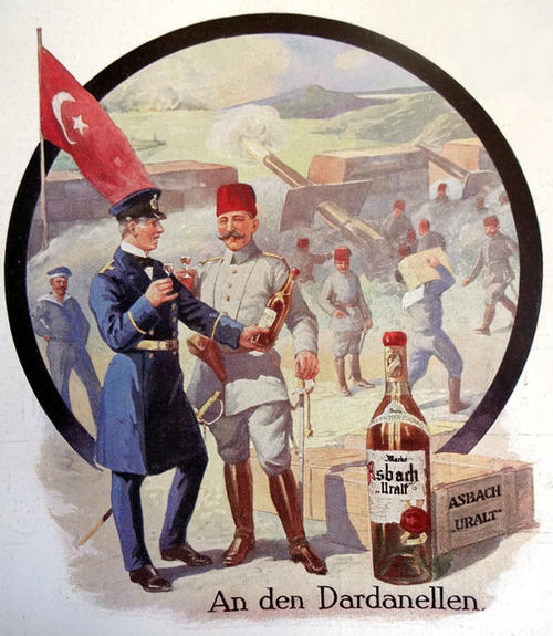Advertisement for Asbach brandy showing a German and a Turkish officer, 1915
