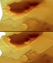 Fig. 2: Crop-out of a digital elevation modell of the main mound before and after increasing resolution in 2010